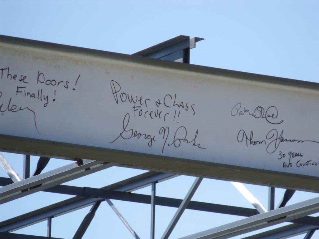 George Parks’ signature on a beam during the topping ceremony for the George N. Parks Marching Band Building.